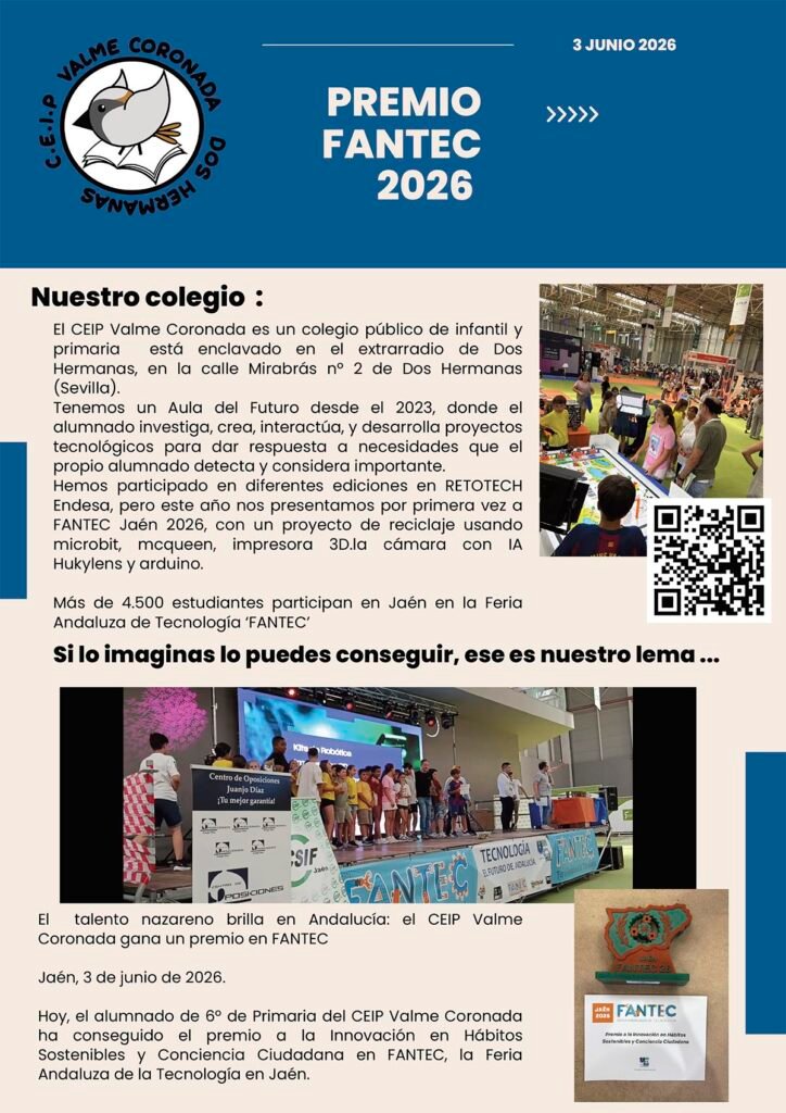 El CEIP Valme Coronada gana un premio en FANTEC 2026 con un proyecto sobre tecnología y sostenibilidad