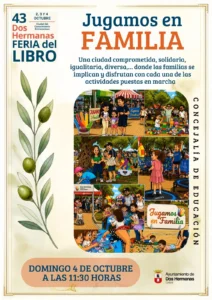 Cartel de Jugamos en Familia en la 43 Feria del Libro de Dos Hermanas, el domingo 4 de octubre de 2026 a las 11:30 horas en Ciudad del Conocimiento, Entrenúcleos.
