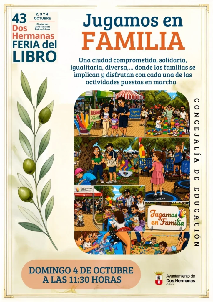 Cartel de Jugamos en Familia en la 43 Feria del Libro de Dos Hermanas, el domingo 4 de octubre de 2026 a las 11:30 horas en Ciudad del Conocimiento, Entrenúcleos.